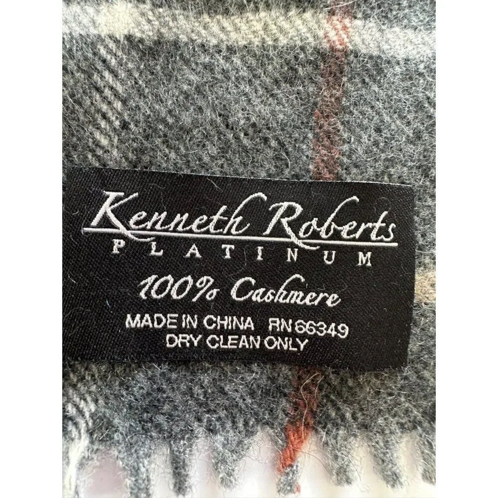 Kenneth Roberts 100% Cashmere Men's Grey Plaid Fringe Scarf